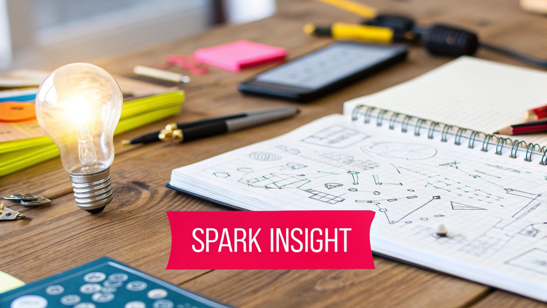 A glowing light bulb on a wooden desk with a notebook full of sketches and office supplies, representing creative insight.