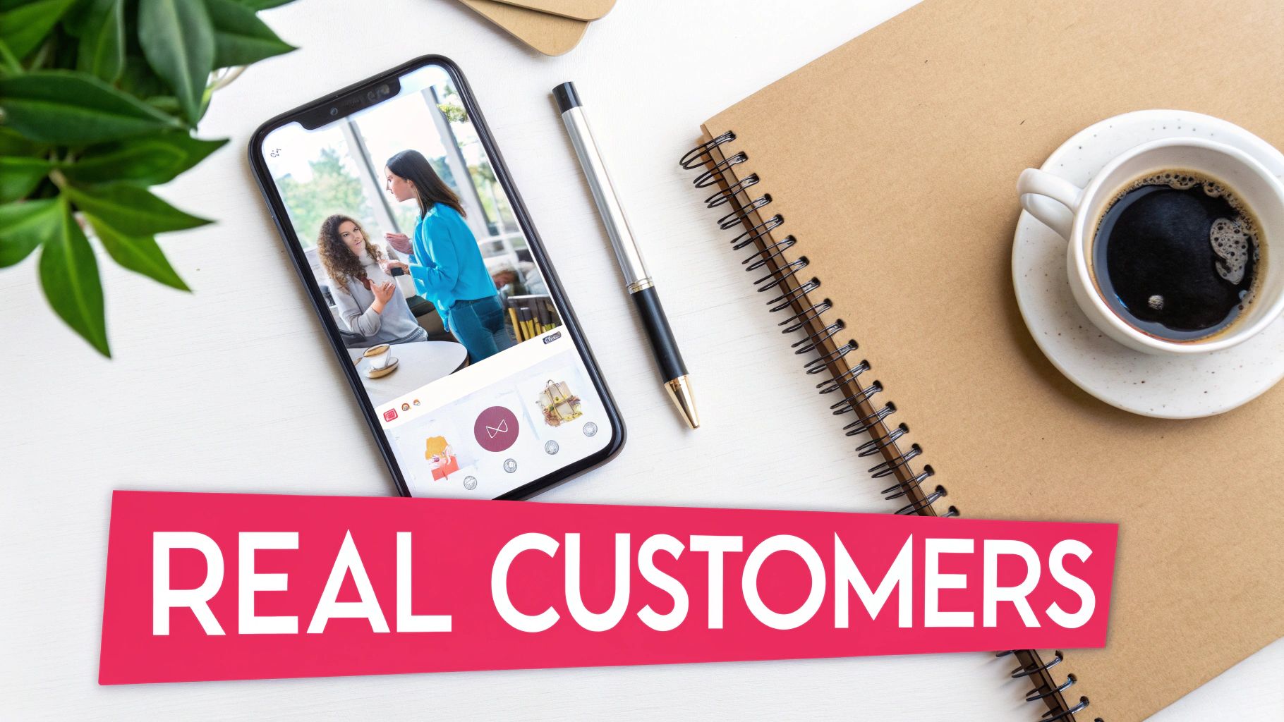 Workspace flat lay with a smartphone showing a customer video call, coffee, and 'REAL CUSTOMERS' banner.