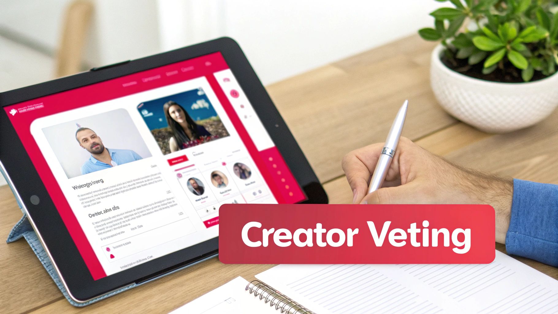 A person's hand writes on a notebook while a tablet displays creator profiles, next to a 'Creator Veting' banner.