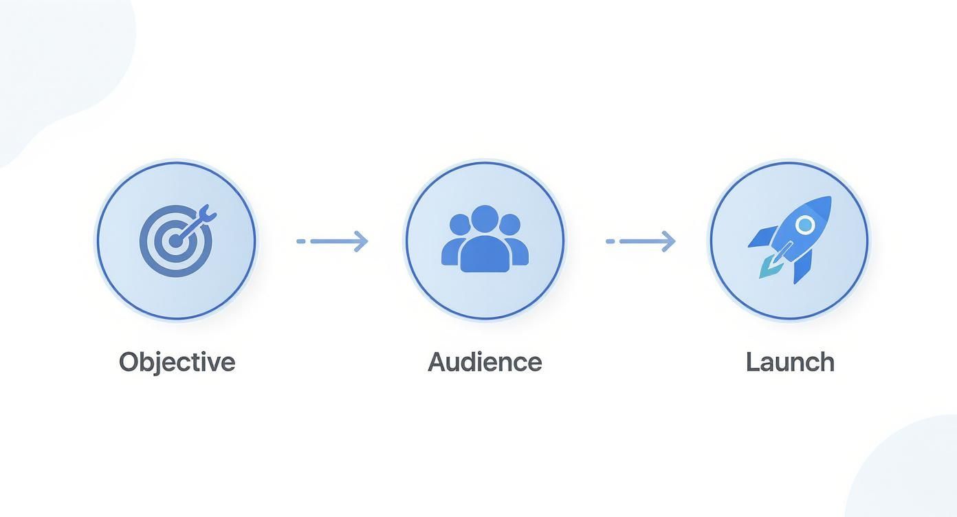 Infographic showing the process flow of setting up an Instagram Reel Ad campaign: Objective, Audience, and Launch.