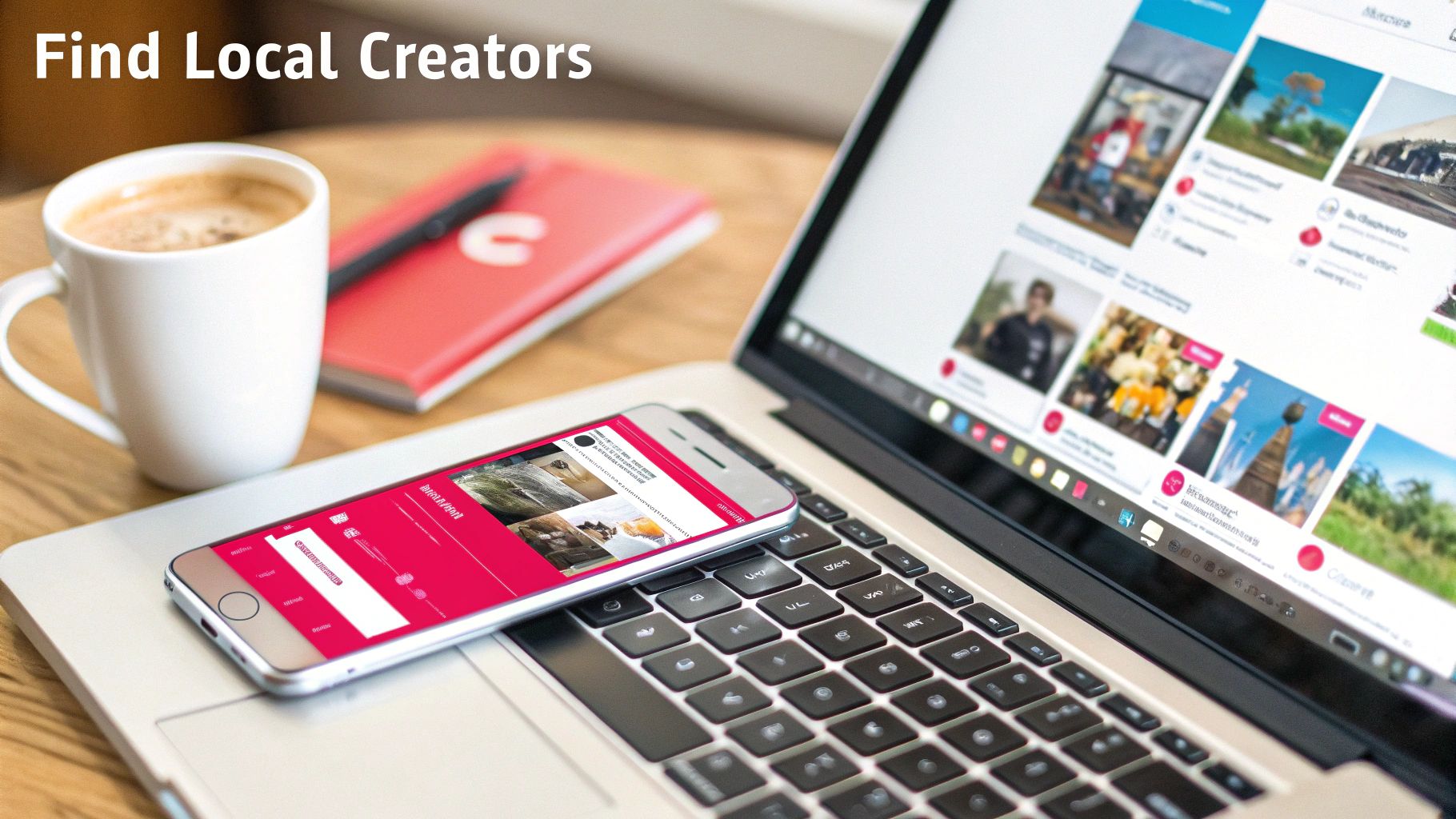 A laptop and smartphone on a wooden desk with a coffee cup, displaying social media feeds and the text 'Find Local Creators'.