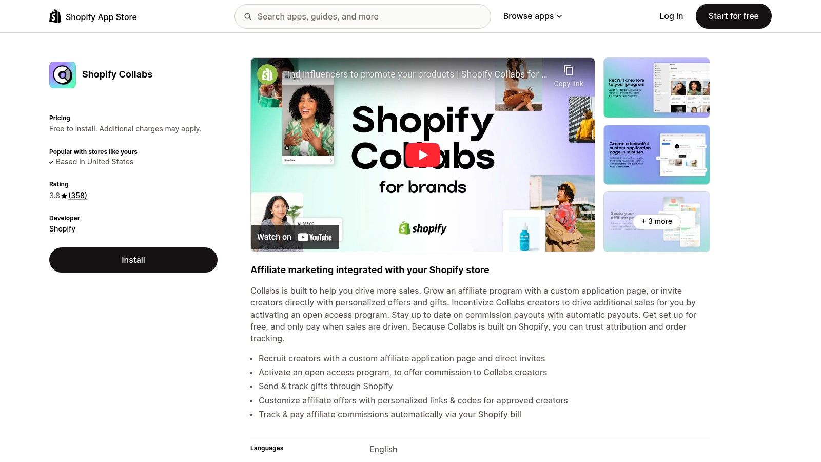 Shopify Collabs interface showing a creator's profile and collaboration opportunities.