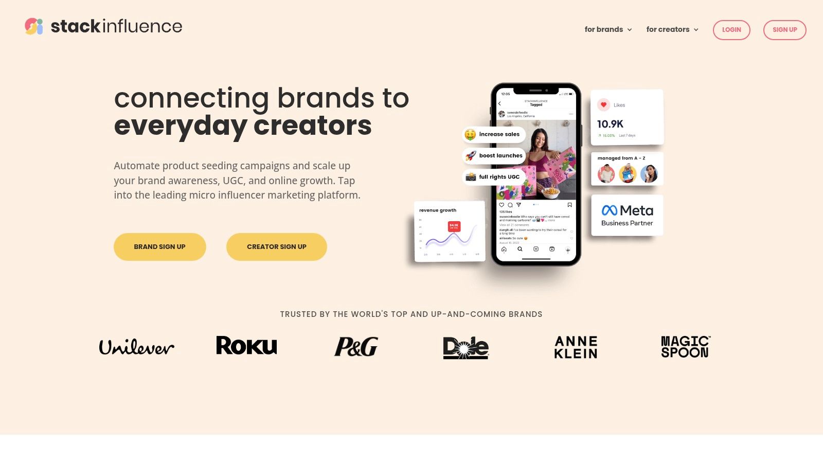 A screenshot of the Stack Influence platform showing influencer analytics and campaign performance metrics.