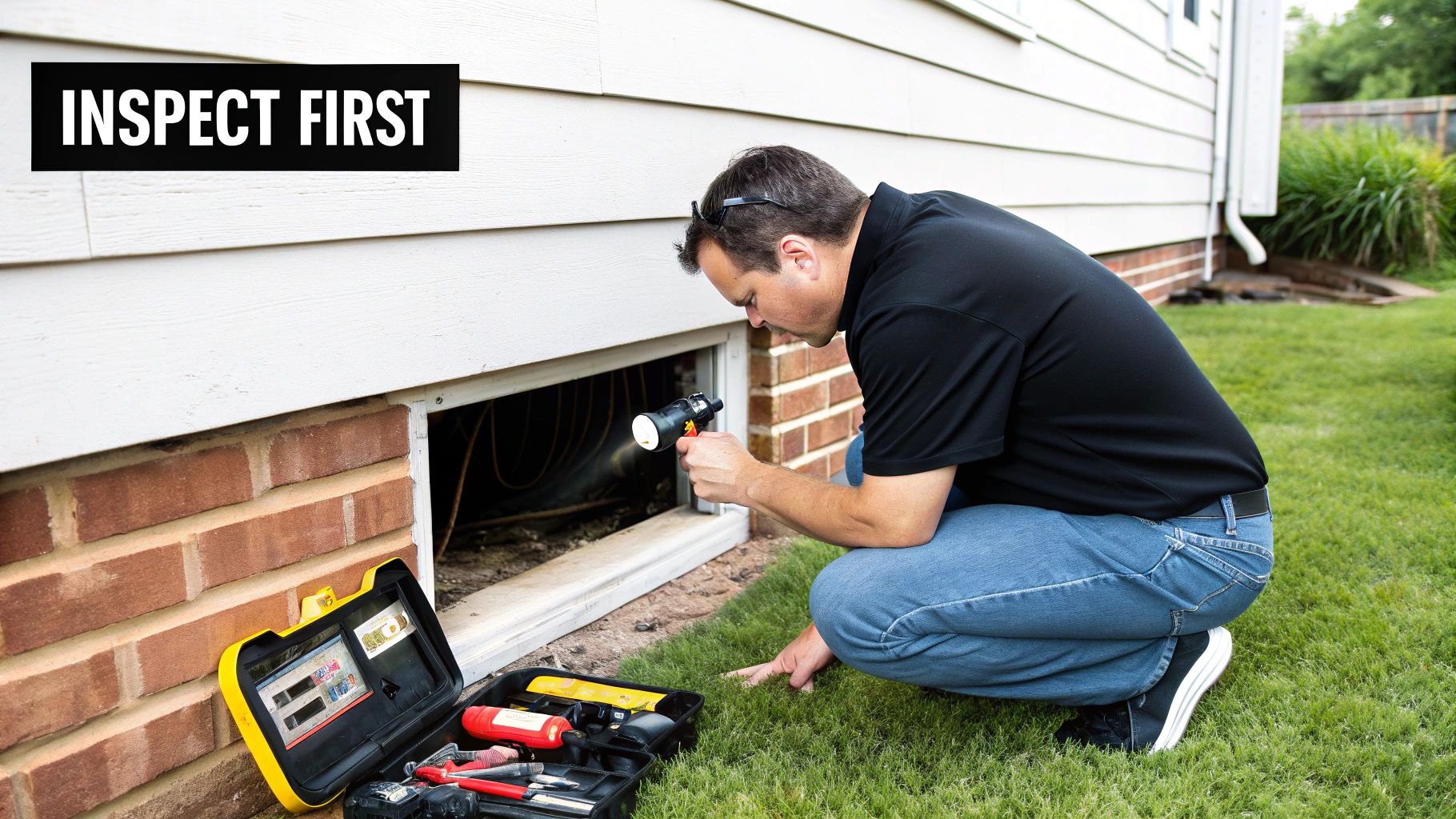 A professional inspects a house crawl space foundation with a flashlight and open toolbox.