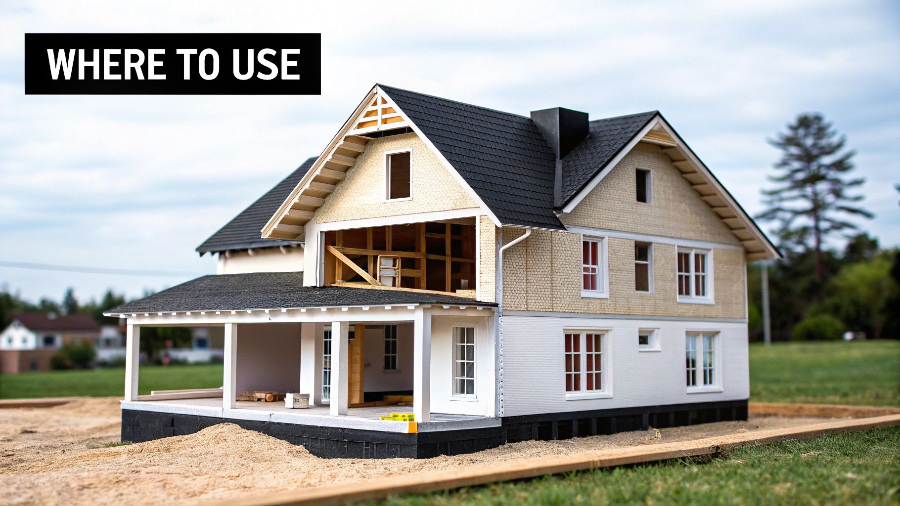 A detailed architectural model of a house with an open side revealing interior framing and insulation.