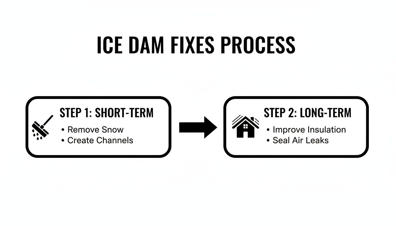 Diagram illustrating a two-step process for ice dam fixes: short-term snow removal and long-term insulation improvement.