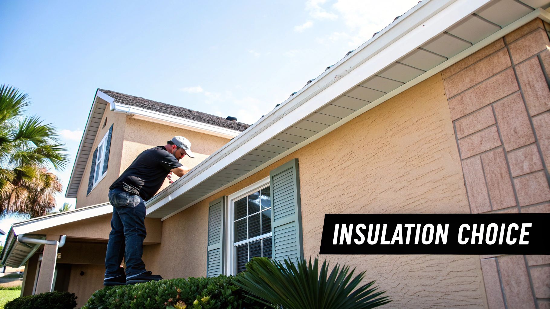 Professional contractor inspecting residential home roof and insulation from ladder outside house