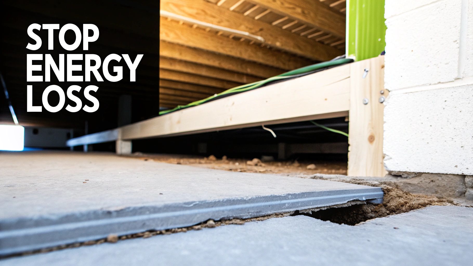 Crawl space view showing wooden joists, concrete floor, exposed dirt, and 'STOP ENERGY LOSS' message.