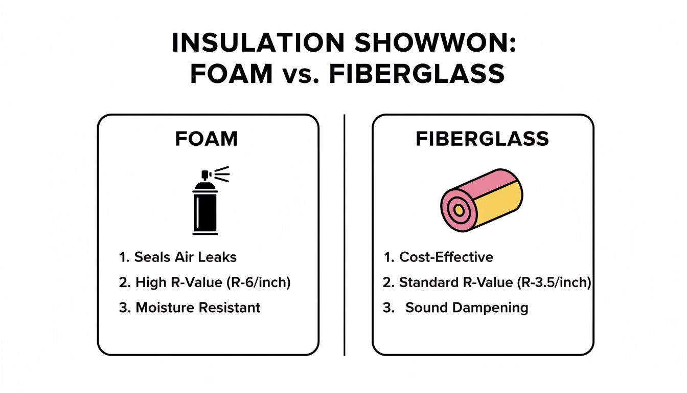 A comparison chart highlighting features of foam insulation (seals air leaks, high R-value) and fiberglass (cost-effective, sound dampening).