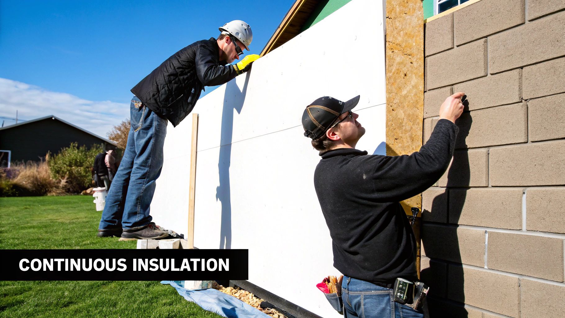 Two construction workers installing continuous insulation and brick siding on a building's exterior wall.