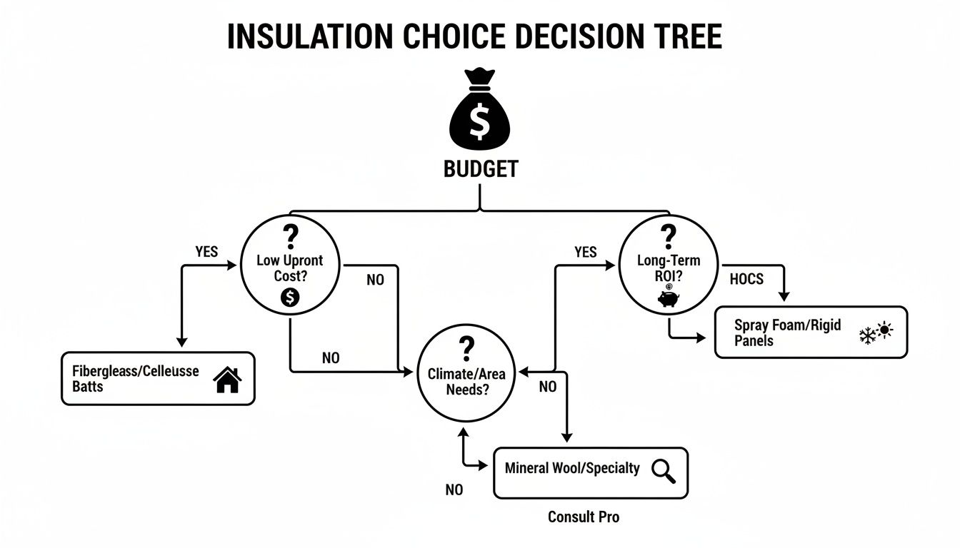 A decision tree diagram for choosing insulation based on budget, cost, ROI, and climate needs.