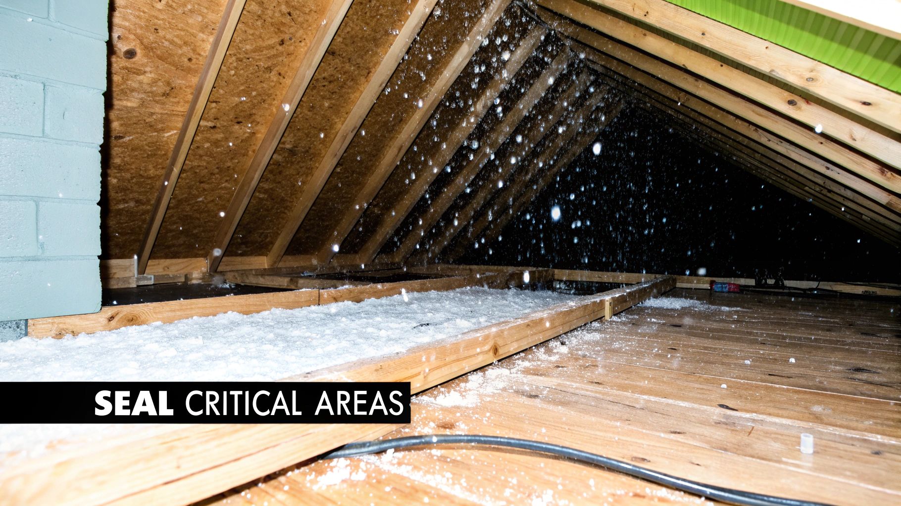 Protect Your Home with closed cell spray foam insulation waterproof 4 Blown-in insulation being applied in an attic with visible wooden rafters and light blue wall.