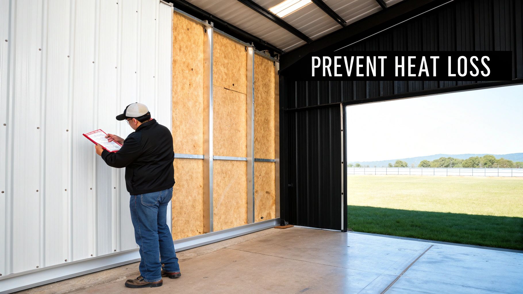 A man inspects metal building insulation to prevent heat loss, holding a clipboard.