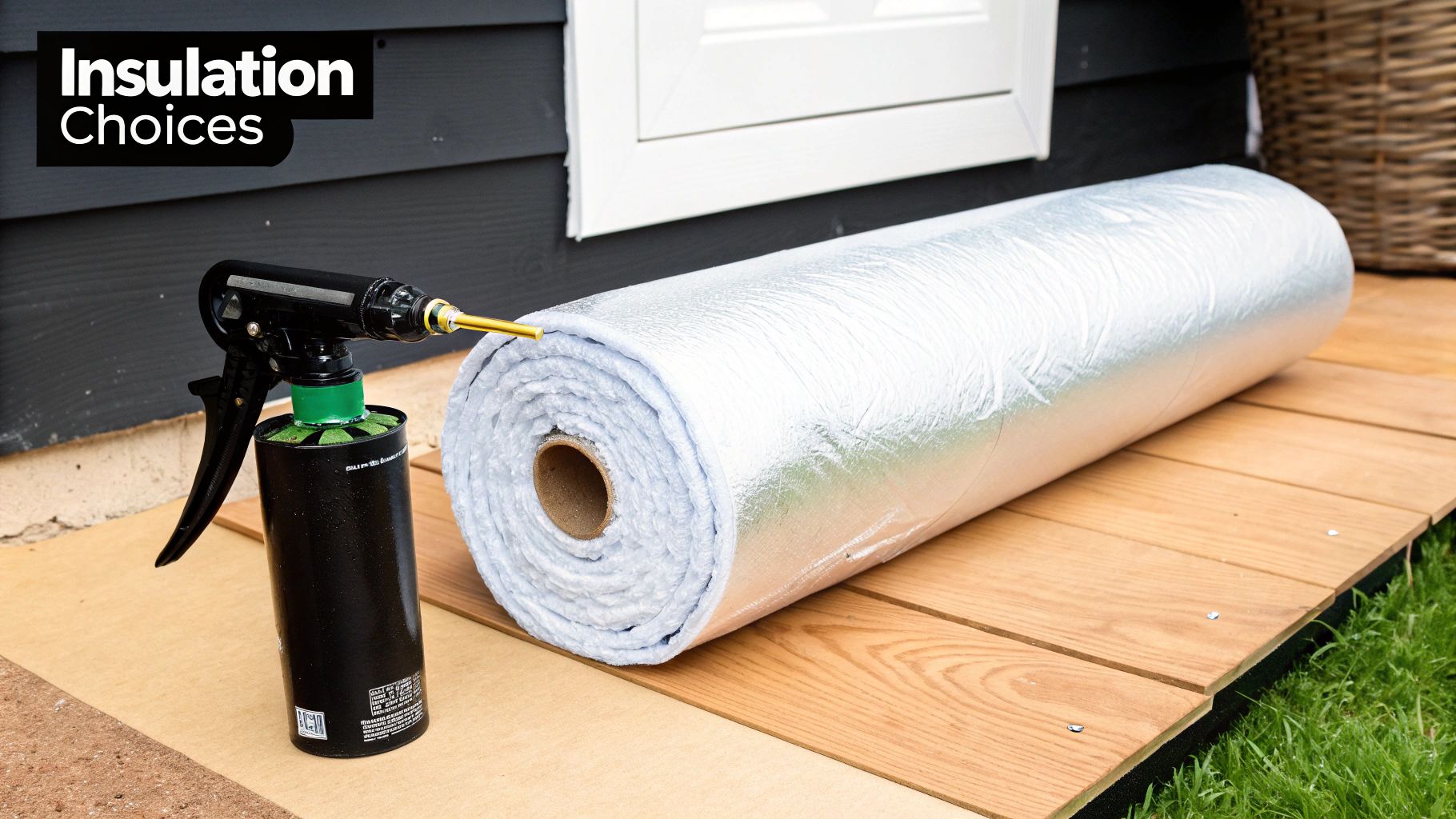 A large roll of reflective foil insulation and a spray foam applicator, displaying insulation choices.