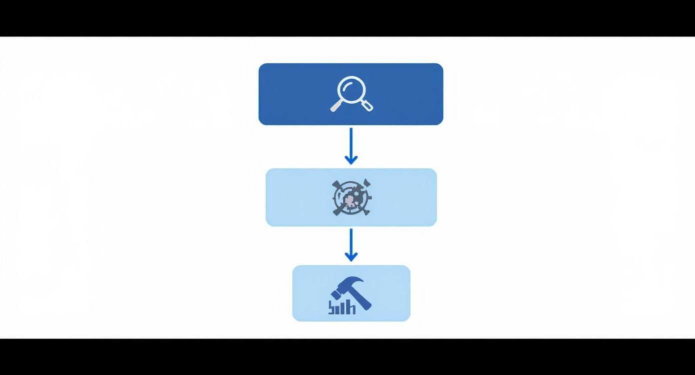 Three-step process workflow diagram showing magnifying glass, target with gear, and hammer with chart icons