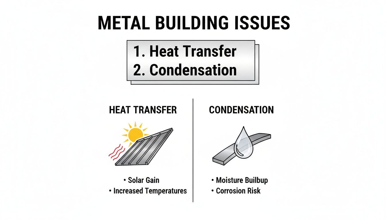 Diagram showing two common metal building issues: heat transfer (solar gain) and condensation (moisture buildup and corrosion).