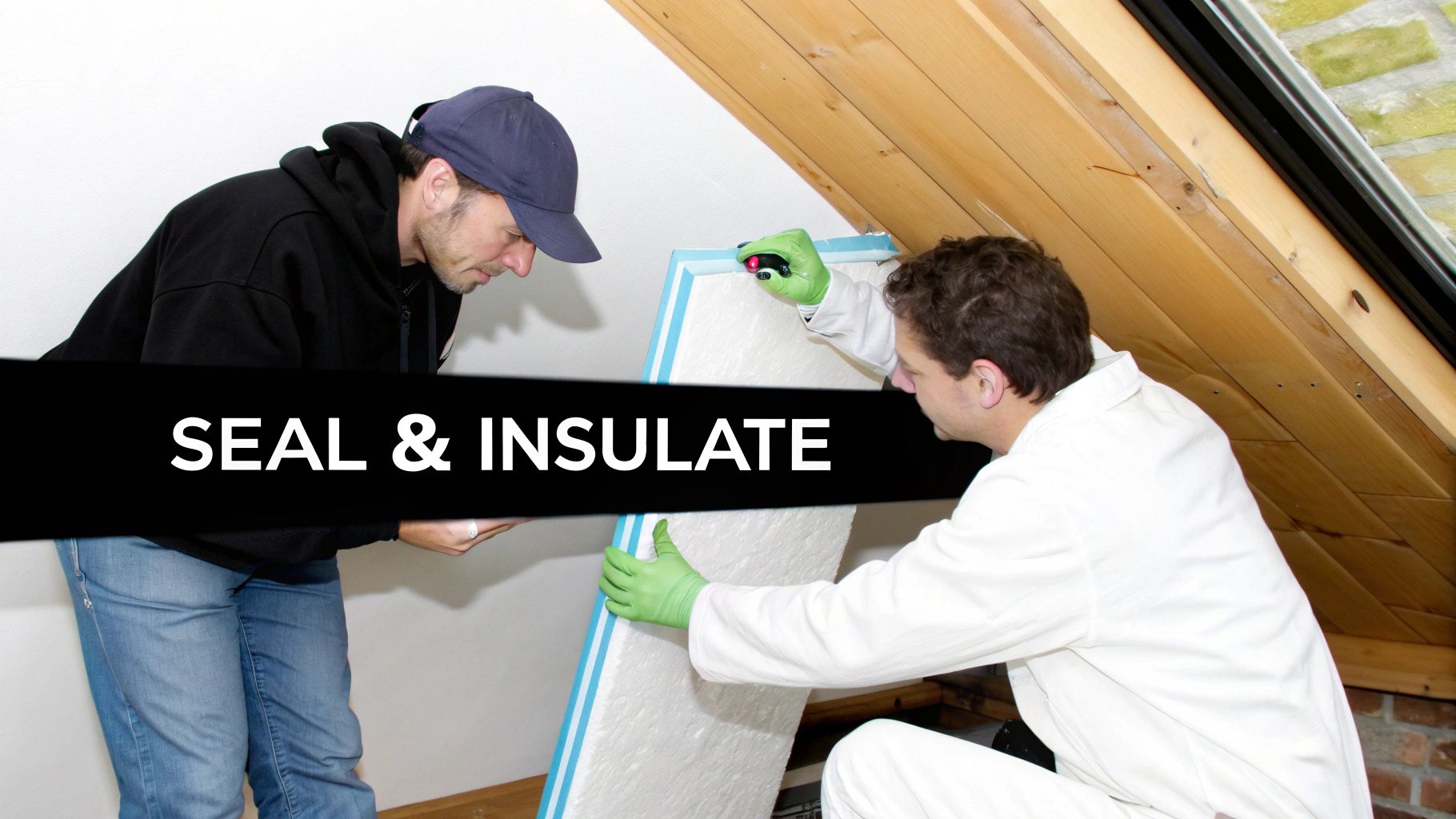 Two men installing rigid insulation boards in an attic space, with 'SEAL & INSULATE' text.