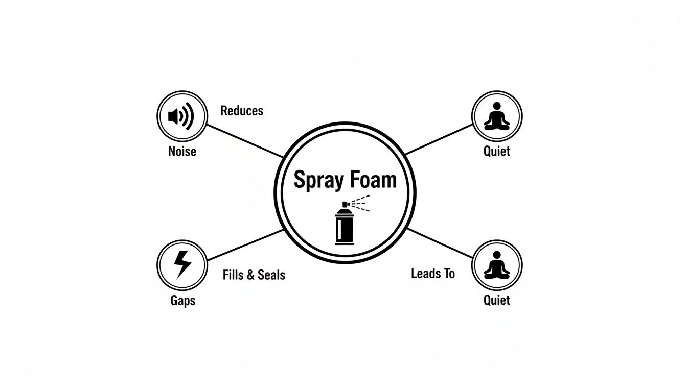 Mind map illustrating spray foam benefits: reduces noise, fills gaps, and creates quiet spaces.