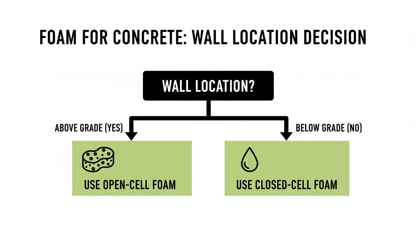 Decision tree for foam type for concrete walls based on above or below grade location.