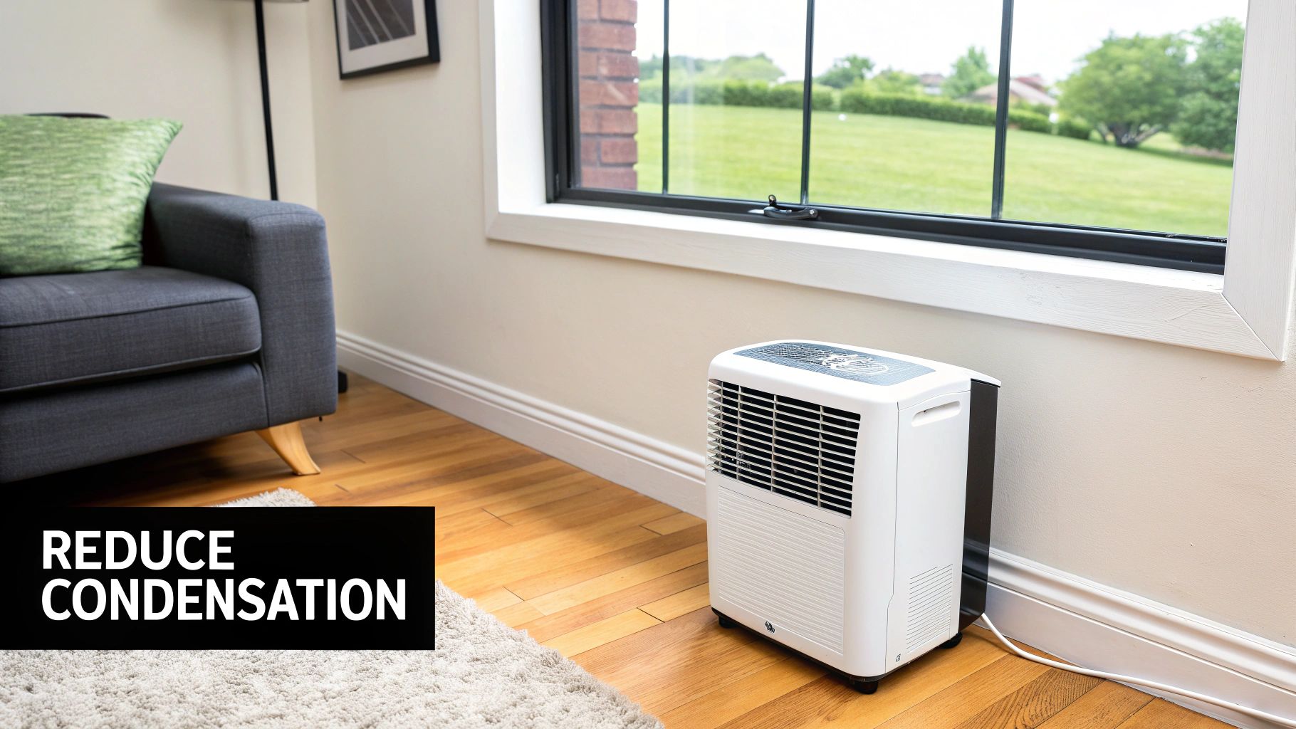 A white portable dehumidifier in a living room next to a window, aimed at reducing condensation.