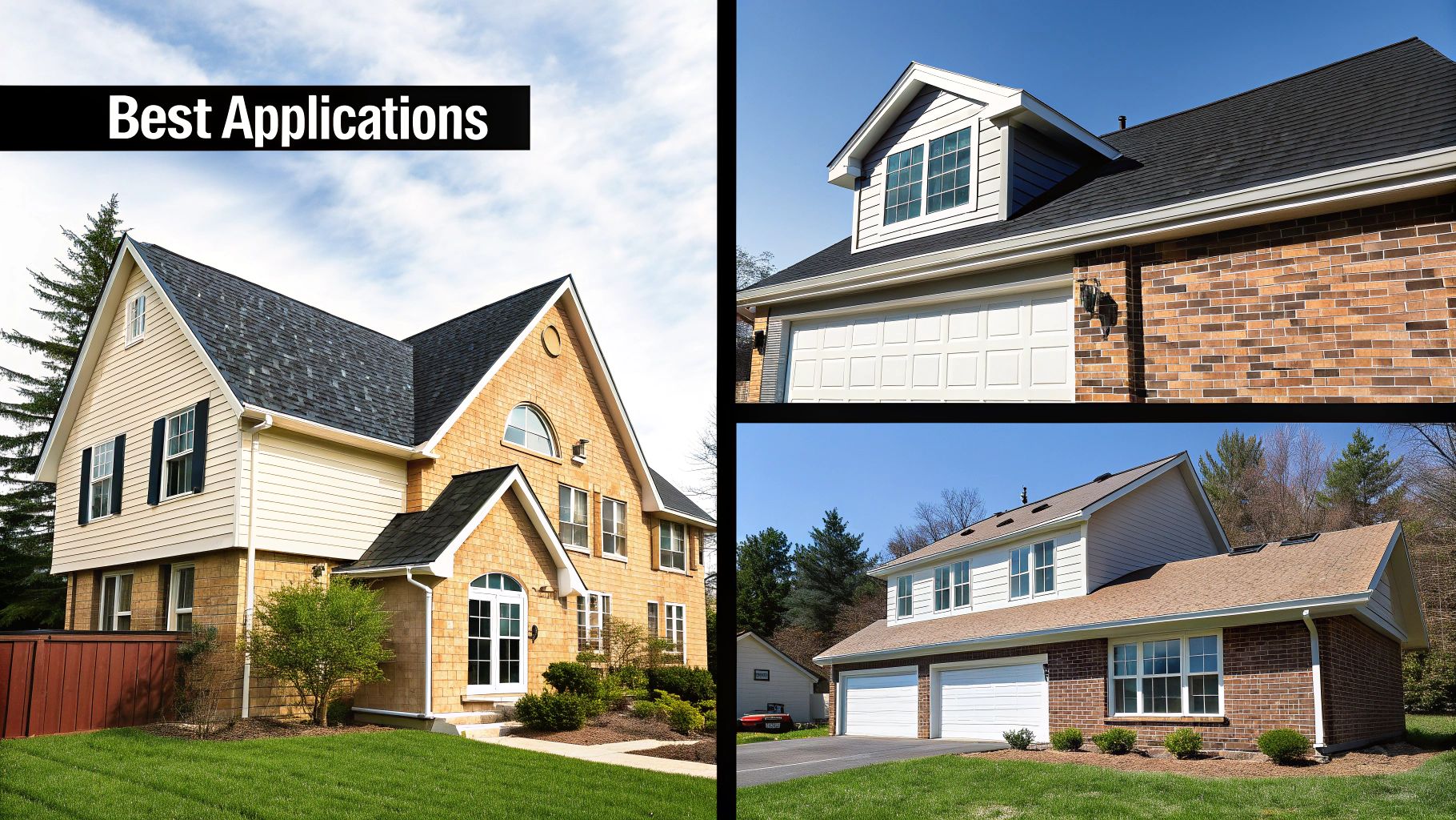 A collage of residential houses showcasing various exterior designs, roofing, siding, and architectural styles, with 'Best Applications' text overlay.