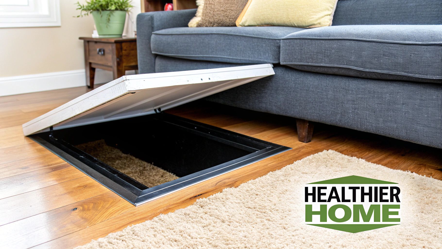 An open floor hatch next to a grey couch, revealing a dark crawl space beneath a wooden floor.