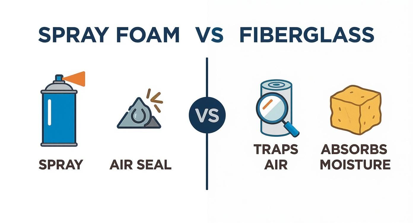 Comparison infographic showing spray foam insulation creates air seal versus fiberglass insulation traps air and absorbs moisture