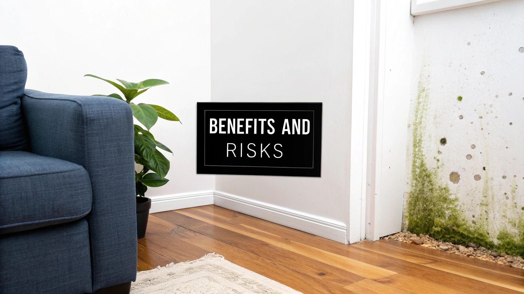 Moisture Barrier Insulation A Florida Homeowner's Guide 4 Living room corner with blue sofa, plant, severe green mold on wall, and a 'BENEFITS AND RISKS' sign.