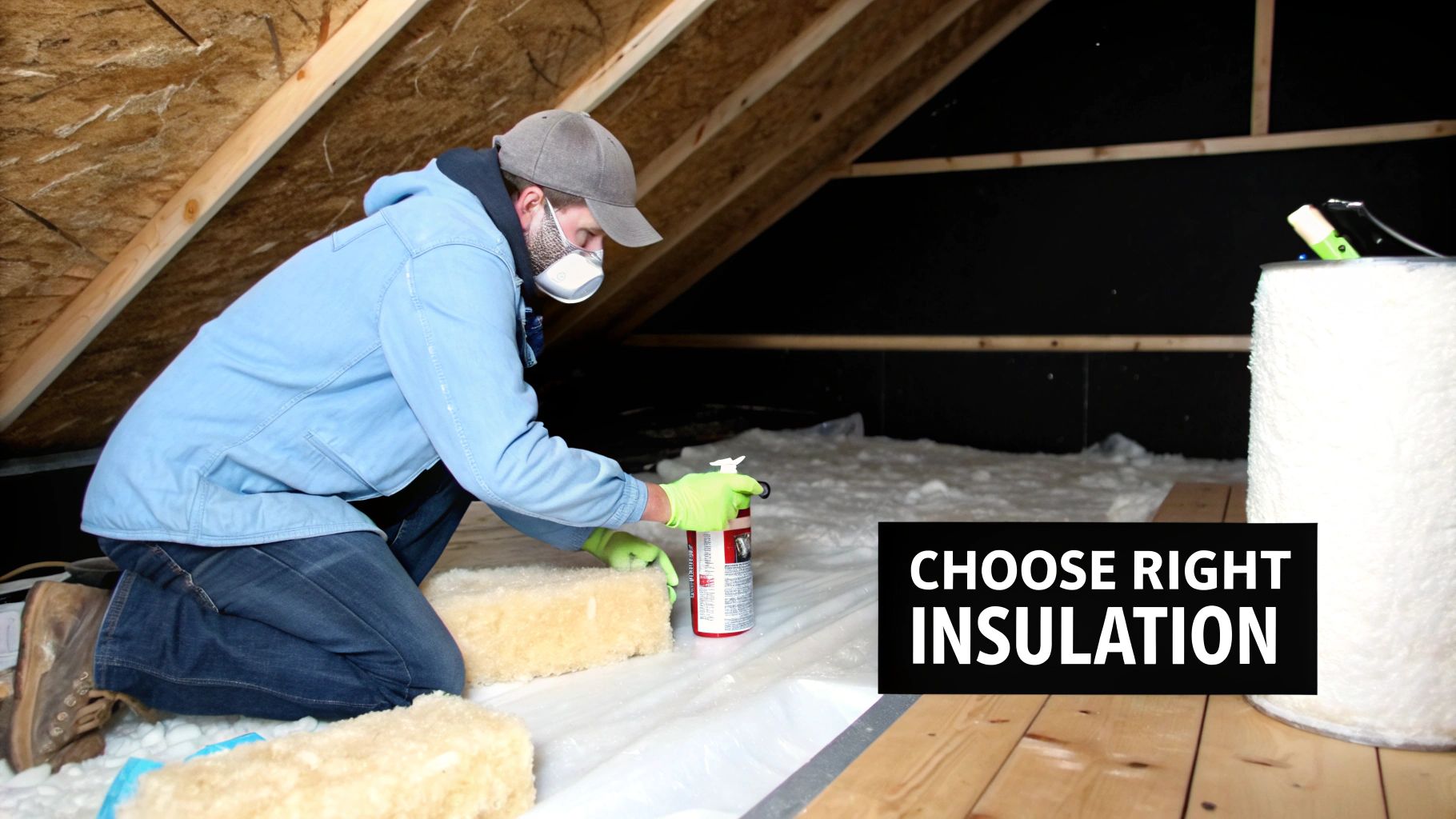 A person in an attic wearing a mask and gloves, applying spray foam near insulation rolls and batting.
