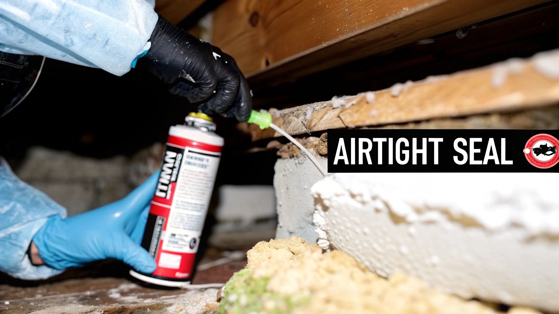 Person in protective gear applying spray foam insulation into a gap to create an airtight seal.