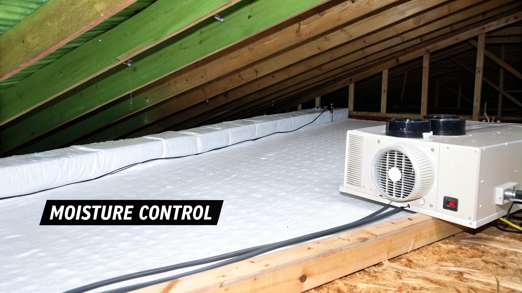 Moisture control unit and insulation in a vaulted ceiling attic space with wooden beams.