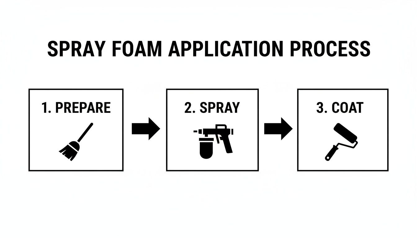 Infographic illustrating the three-step spray foam application process: prepare, spray, and coat.
