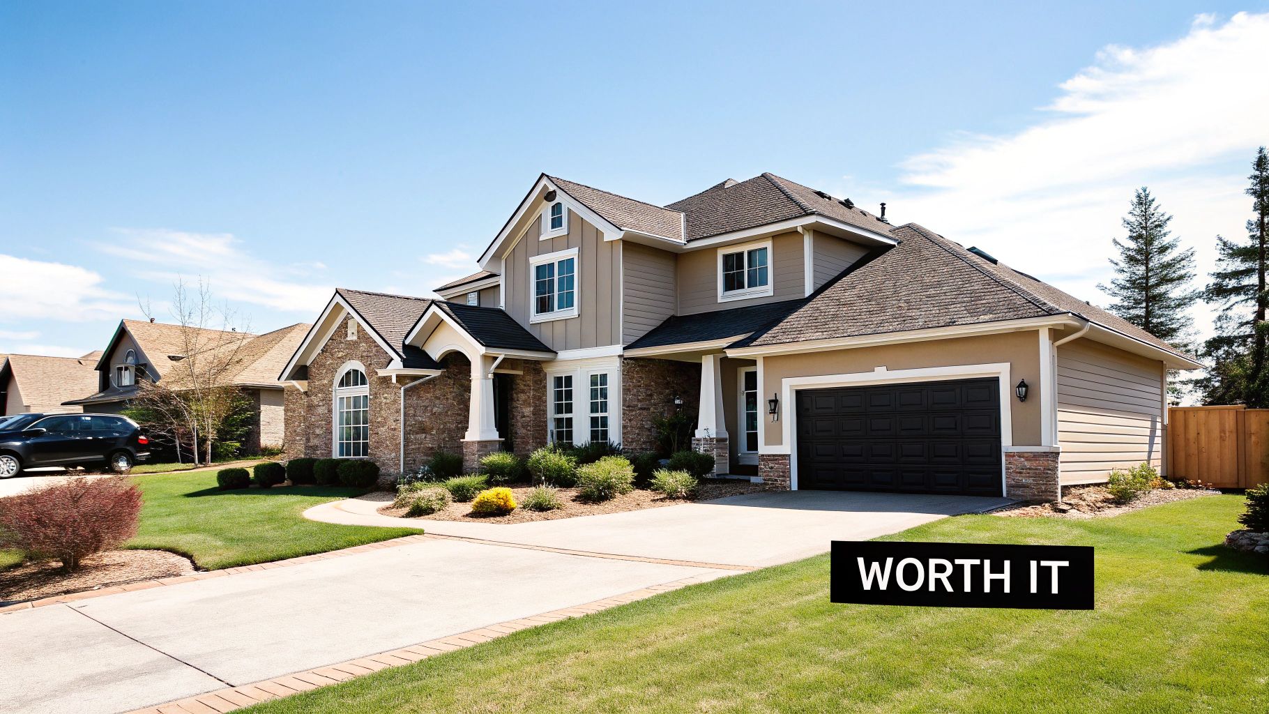 A large, modern suburban house with a neat lawn and driveway under a clear blue sky, featuring stone and siding.