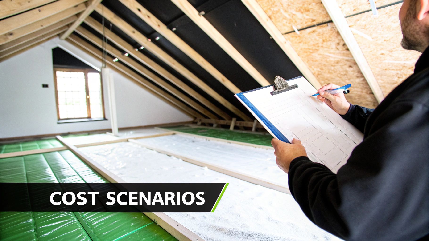 Person inspecting an attic under construction with a clipboard, showing insulation and wooden beams for cost scenarios.