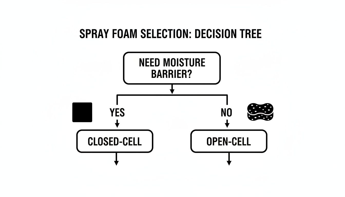 Moisture Barrier Insulation A Florida Homeowner's Guide 3 A decision tree diagram for spray foam selection, guiding users to choose closed-cell or open-cell foam based on moisture barrier needs.