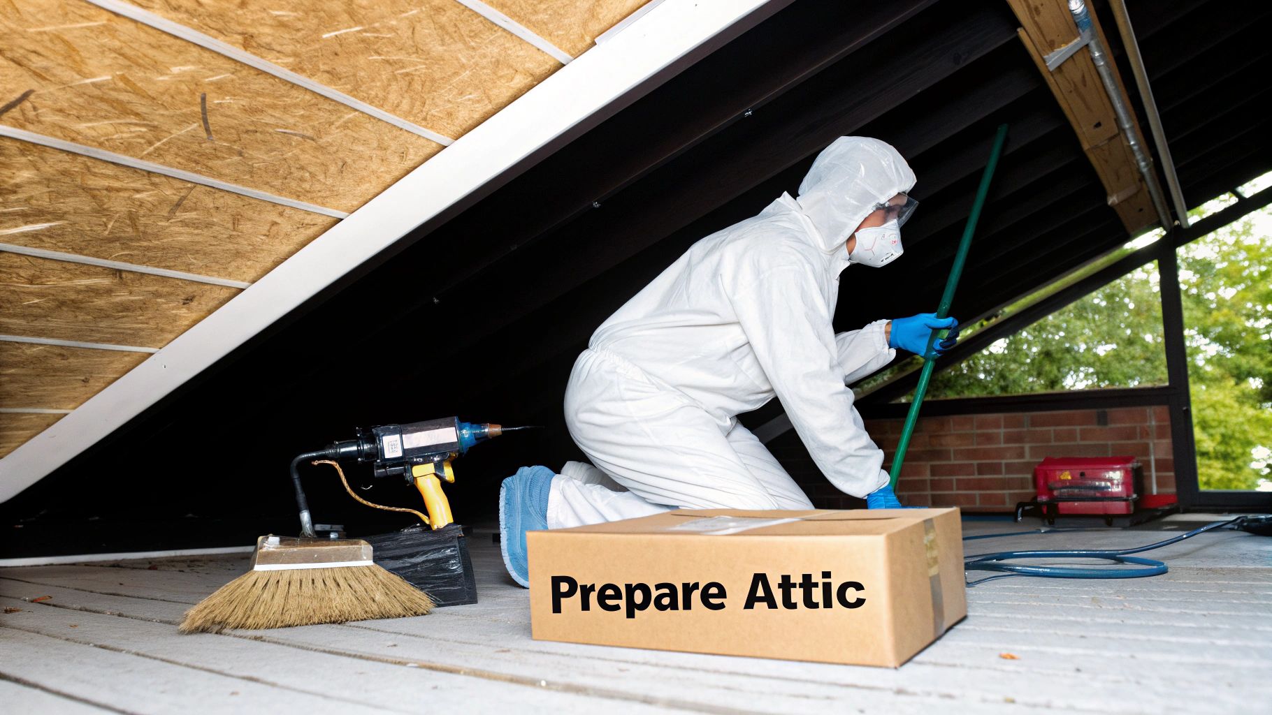 A person in protective suit, mask, and goggles preparing an attic for insulation, with tools and a 'Prepare Attic' box.