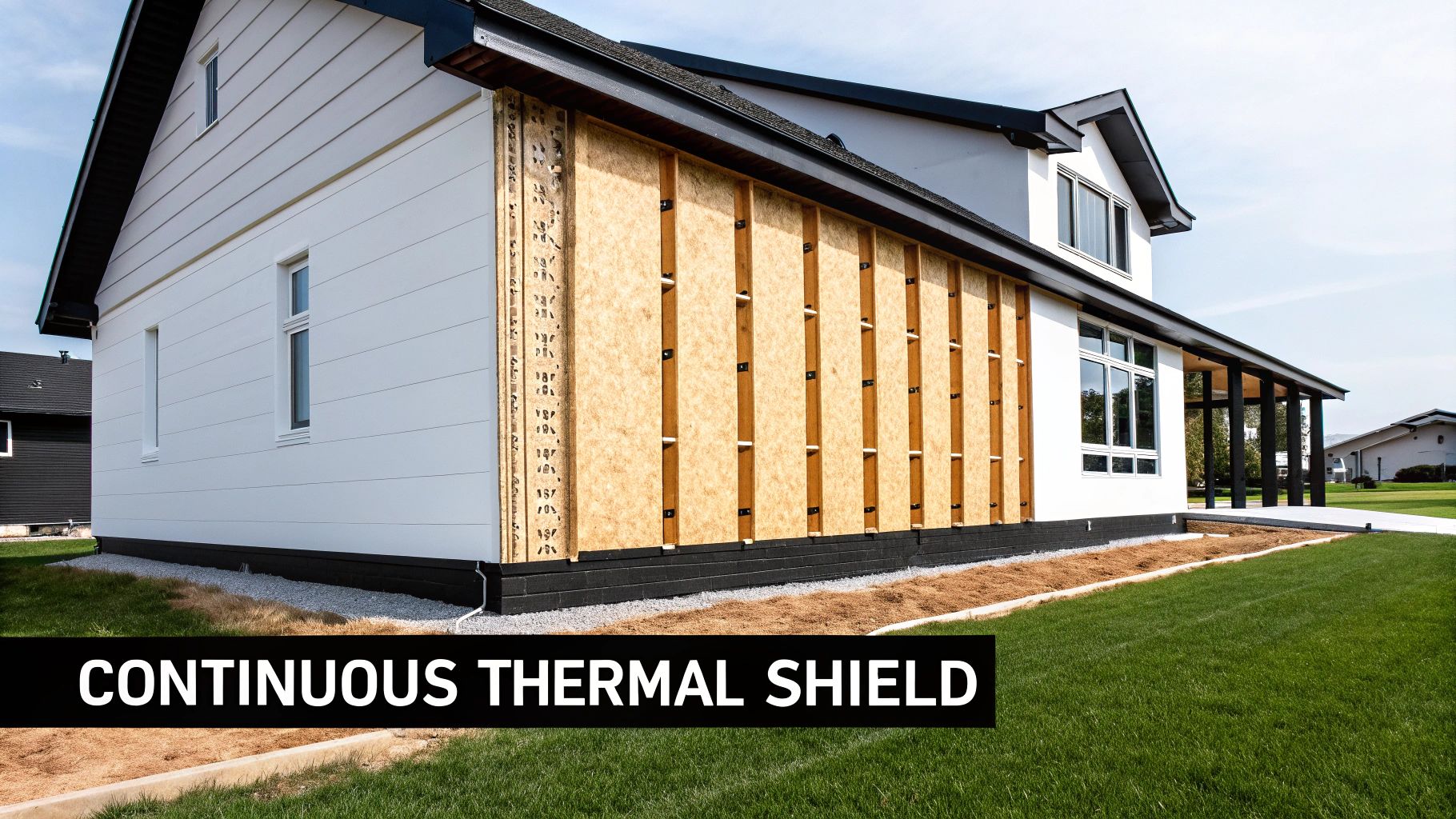 Exterior view of a modern house showcasing continuous thermal insulation and furring strips on a wall.