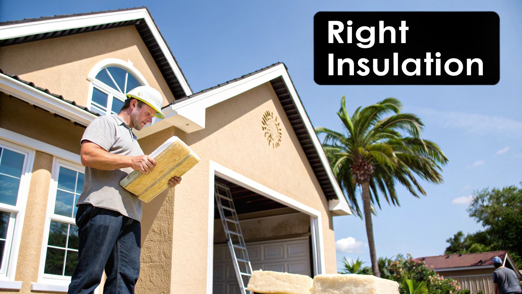 A construction worker in a hard hat inspects insulation material in front of a modern house, suggesting the right insulation choice.