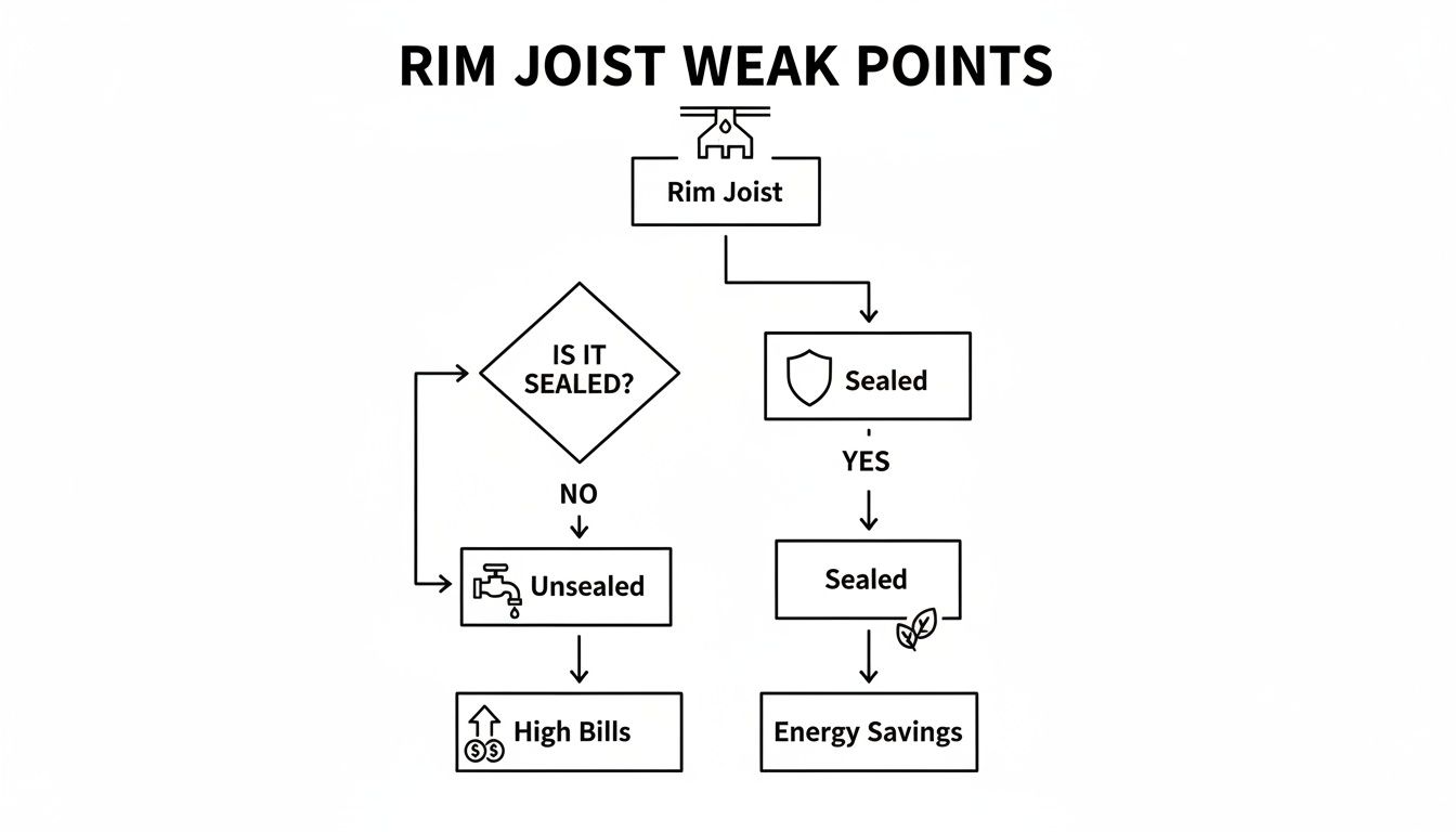 Flowchart illustrating the importance of sealing rim joists to achieve energy savings and avoid high bills.