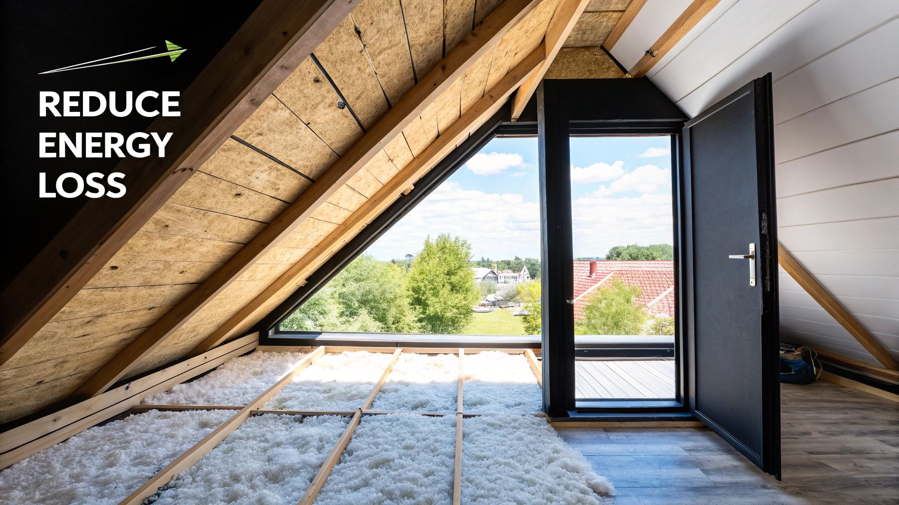 Attic space with new insulation on the ceiling and floor, exposed wooden beams, and a view outside.
