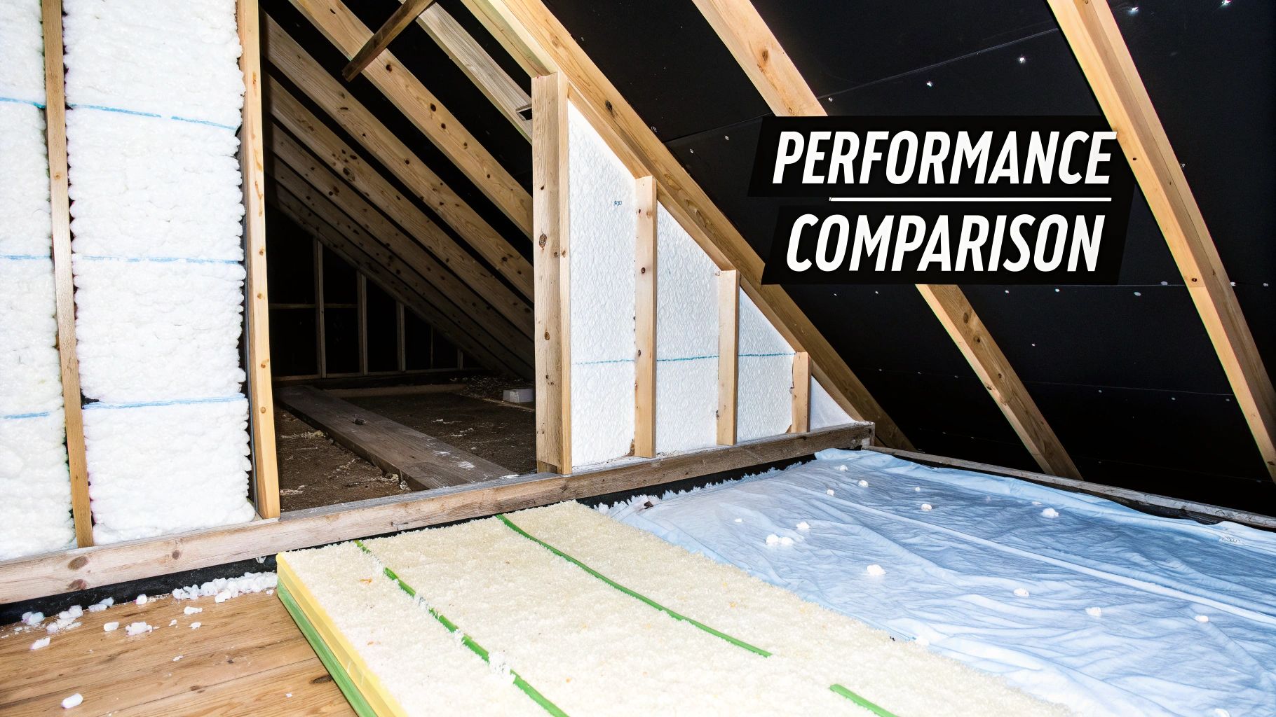 Attic space showcasing different insulation types, including spray foam and rigid panels, during a performance comparison.