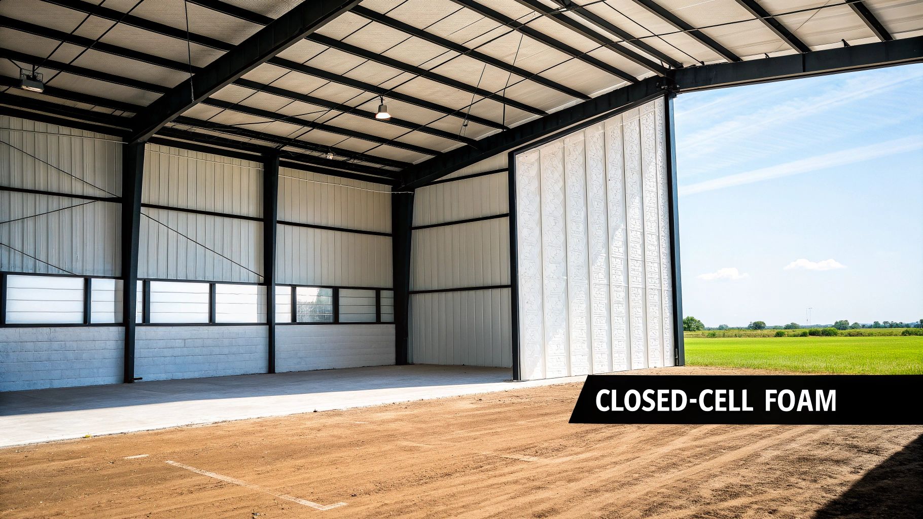 Interior of a large metal building with an open entrance revealing a green field, featuring a white door with closed-cell foam.
