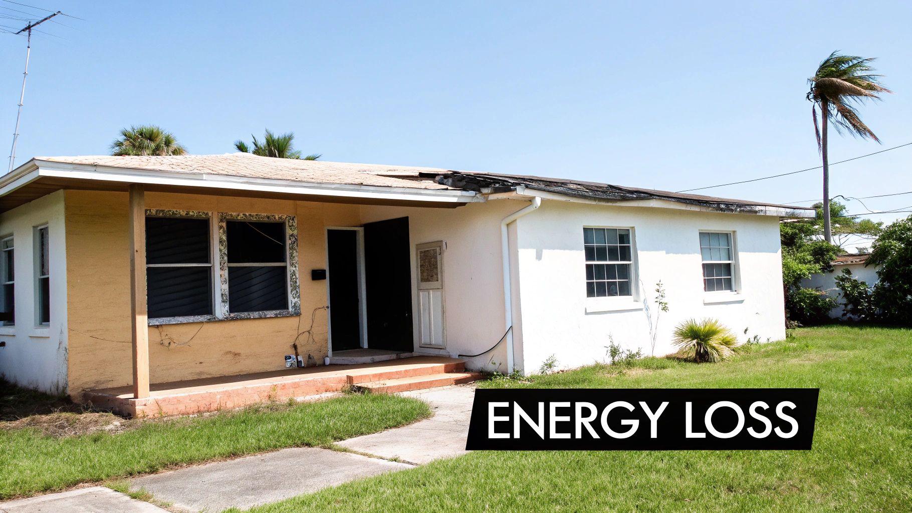 An old, worn house with a damaged roof, green lawn, and a clear 'ENERGY LOSS' sign.