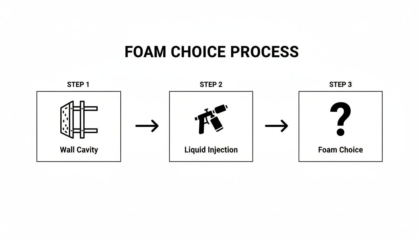 Flowchart illustrating the three-step foam choice process: wall cavity, liquid injection, and foam selection.