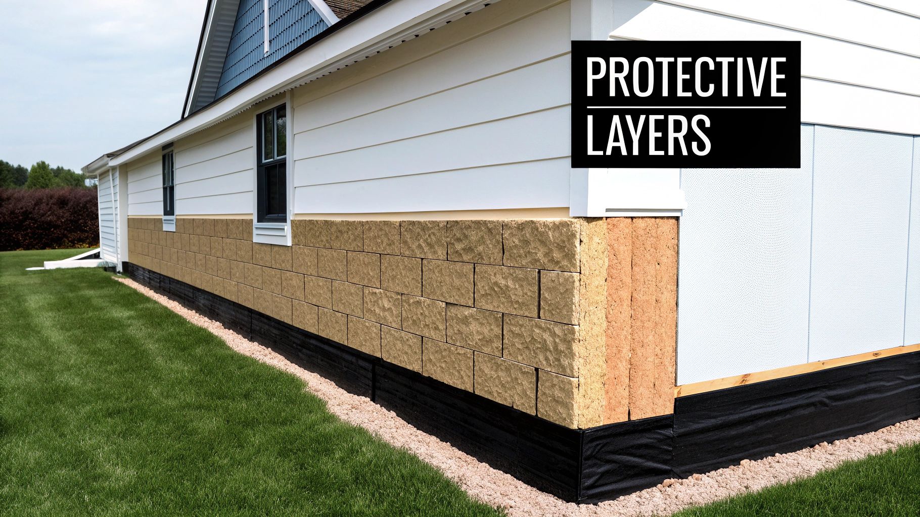Cutaway view of a house foundation revealing multiple protective layers: insulation, a vapor barrier, and exterior blocks.