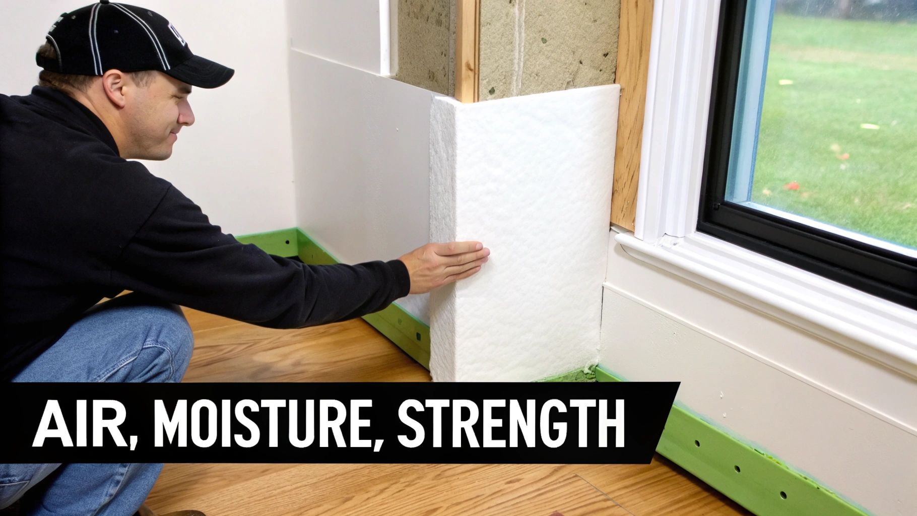 Man installing white rigid insulation panels into a wall during home renovation, ensuring air and moisture barrier.