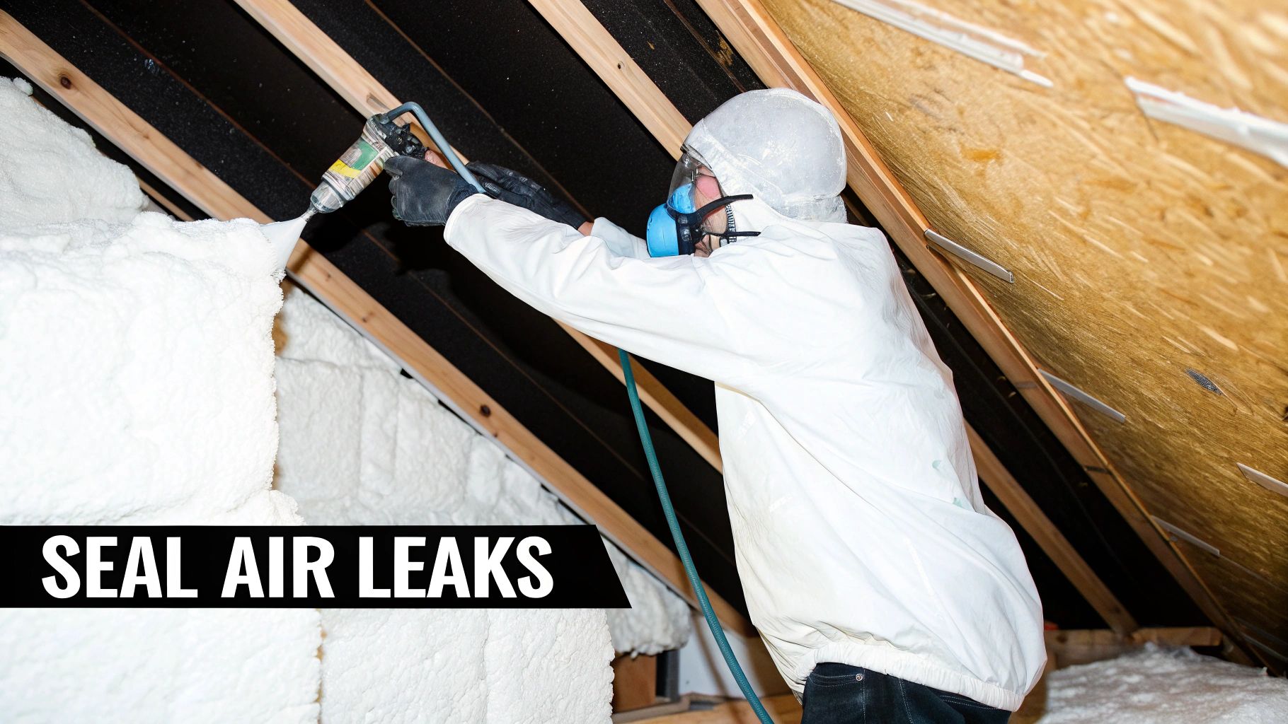 A worker in protective gear applies spray foam insulation in an attic to seal air leaks.