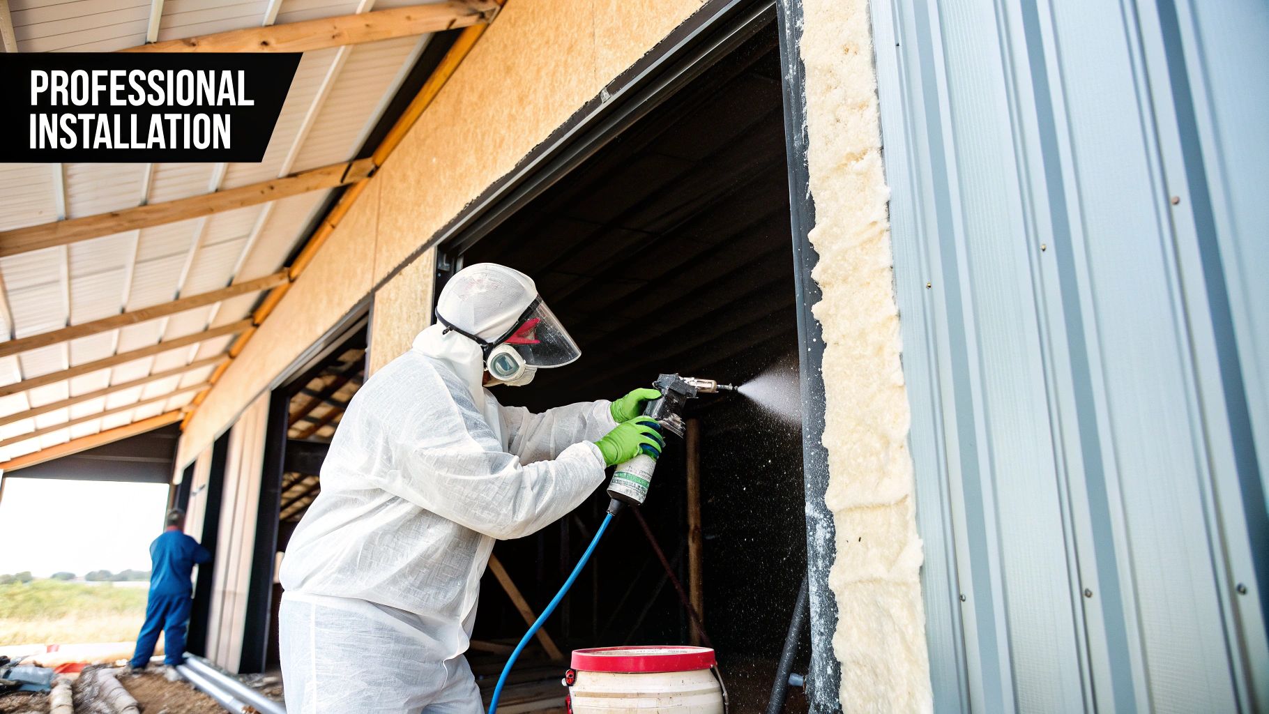 Worker in protective gear professionally applies spray foam insulation to a metal building frame.