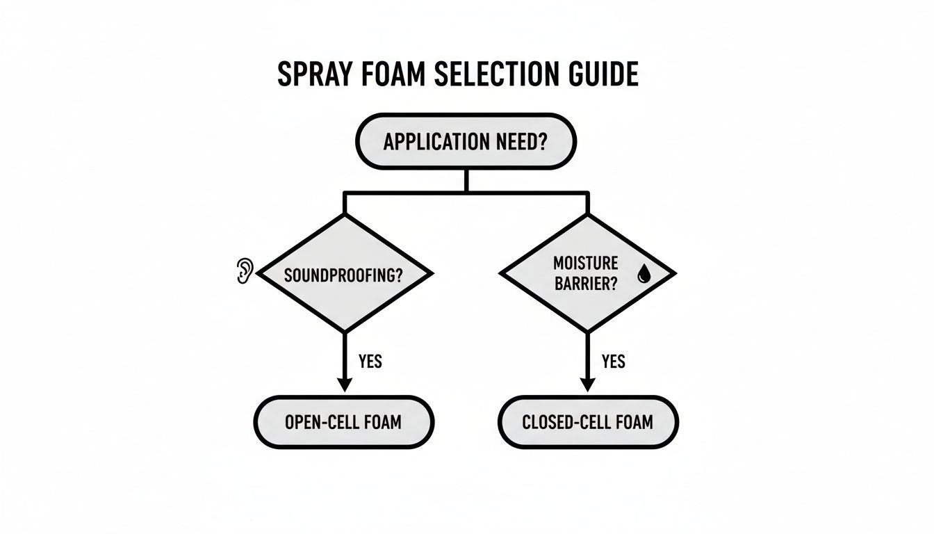 Flowchart guiding spray foam selection, recommending open-cell for soundproofing and closed-cell for moisture barrier.