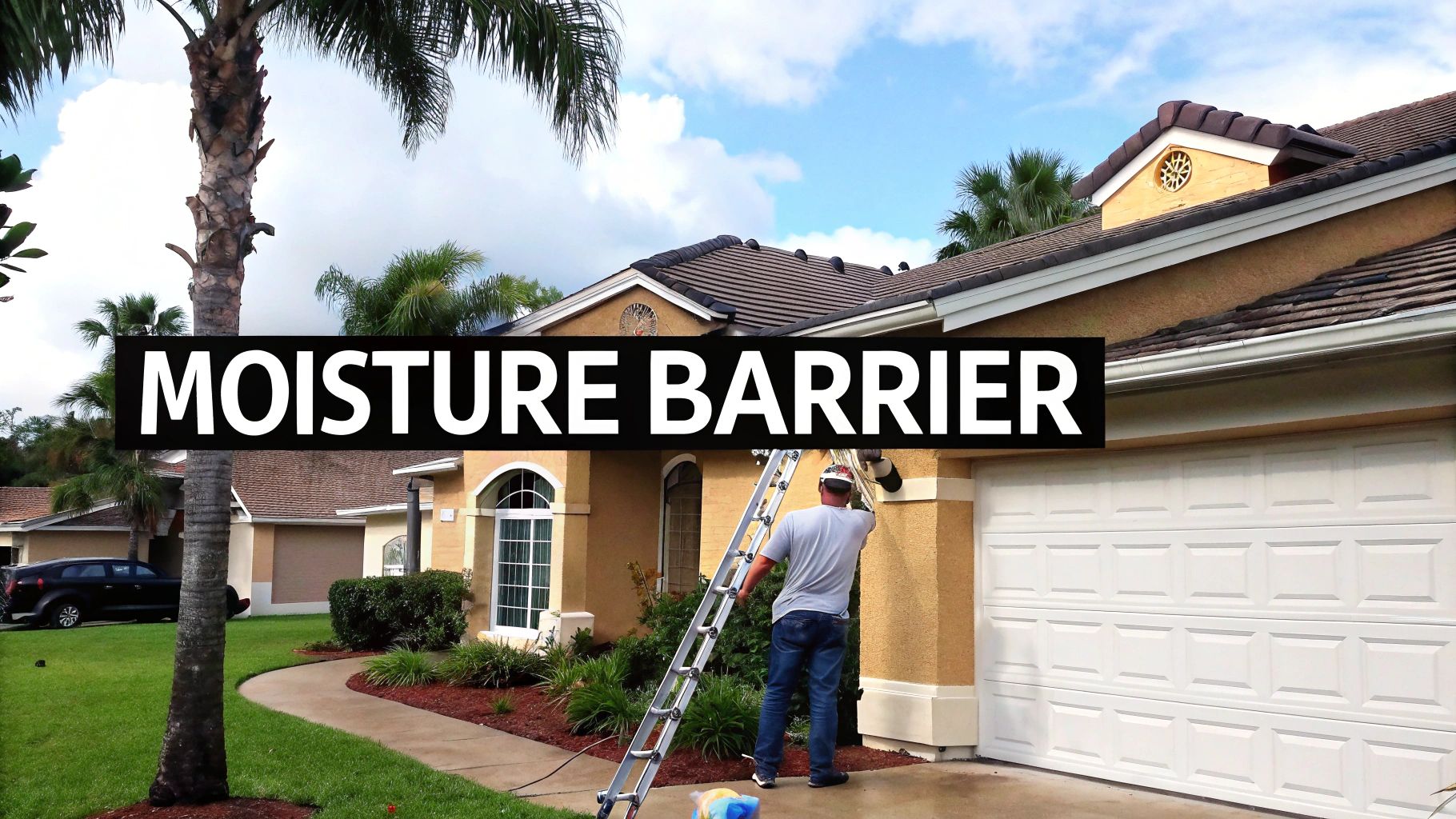 Moisture Barrier Insulation A Florida Homeowner's Guide 2 A professional applies a moisture barrier to a residential house exterior with a ladder under a blue sky.